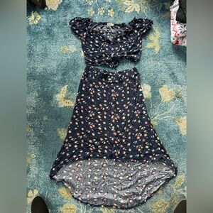 Rewind blue Floral two piece set. High-low skirt and matching crop top size S.